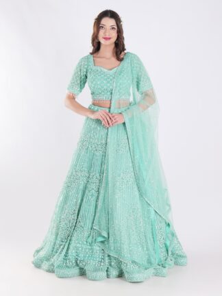 Stunning Mint Green Intricate Embroidery With Silver Sequins And Beads Shimmering Effect Bridal Lehenga Set