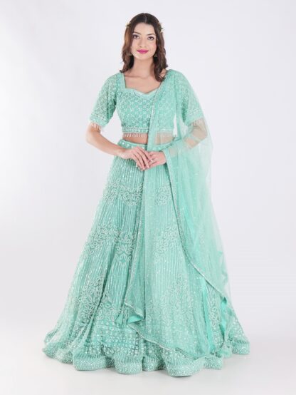 Stunning Mint Green Intricate Embroidery With Silver Sequins And Beads Shimmering Effect Bridal Lehenga Set