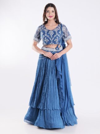 Short Sleeved Crop Top Adorned With Intricate Silver Embroidered Beautiful Blue Outfit Indowestern Lehenga Set