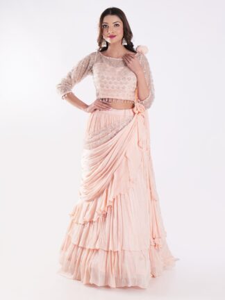 Beautiful Peach Colored Embroidered Crop Top Outfit Ruffle Drape Lehenga Set