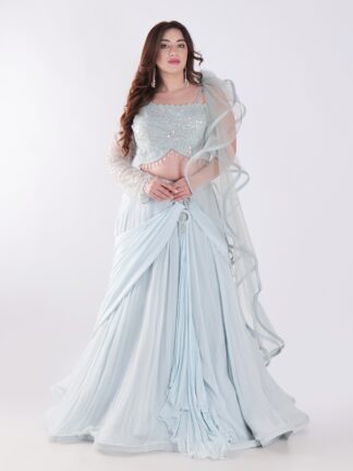 Beautiful Light Blue Flowing With A Delicate Embellished Bodice Indowestern Lehenga Choli Set