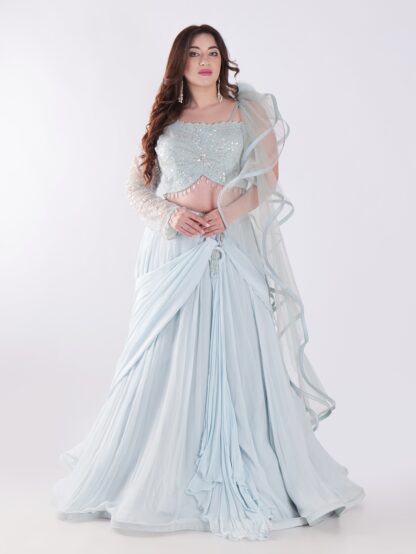 Beautiful Light Blue Flowing With A Delicate Embellished Bodice Indowestern Lehenga Choli Set