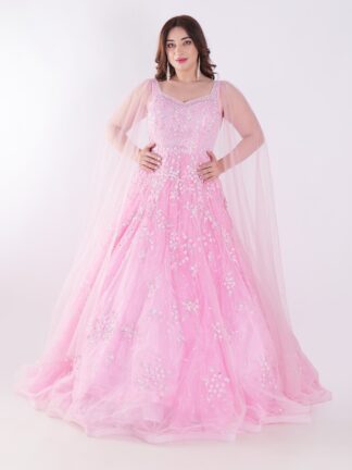 Delicate Floral Pattern And Shimmering Embellishments Pink Color Party Wear Gown