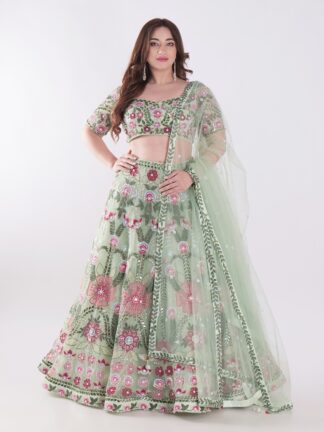 Stunning Green Traditional South Asian Outfit Intricate Floral Embroidery In Shades Of Pink Party Wear Lehenga Choli