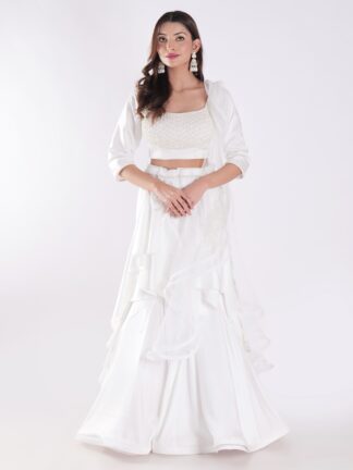 White Flowing Intricate Layers Of Ruffles Dramatic And Elegant Silhouette Cocktail Lehenga Set