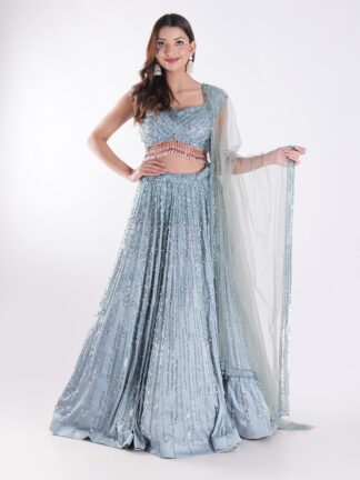 Stunning Blue And Silver Sequined Shimmering Effect Backless Party Wear Lehenga Set