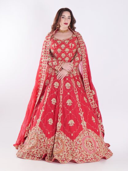 Intricate Gold Embroidery Stunning Floral Vibrant Red Bridal Lehenga Set