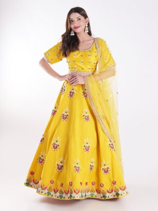 Vibrant Yellow Round Neckline And Short Sleeves Mehandi Designer Lehenga Set