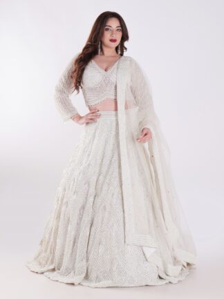 Net Embordered White Intricately Beaded Party Wear Luxury Lehenga Set