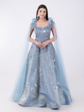 Radiate Royal Elegance In This Stunning Icy Blue Embroidered Gown with Cape Sleeves