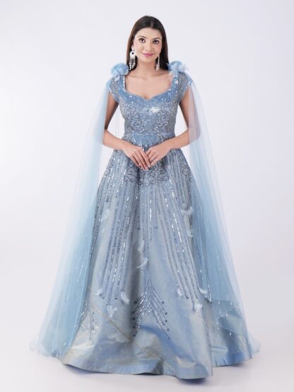 Radiate Royal Elegance In This Stunning Icy Blue Embroidered Gown with Cape Sleeves