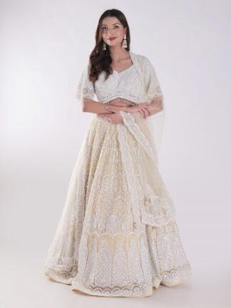Net Embordered White and Cream Intricately Beaded Party Wear Luxury Lehenga Set