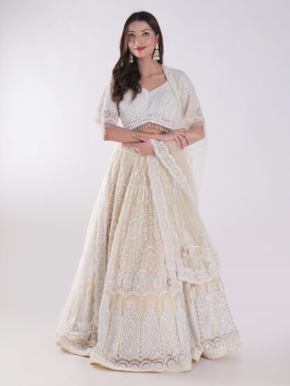 Net Embordered White and Cream Intricately Beaded Party Wear Luxury Lehenga Set