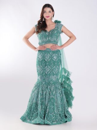 Teal Colored Cocktail Party Wear Fish Cut Style Lehenga Set
