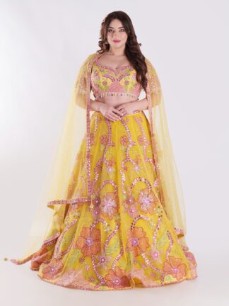 Radiate Sunshine In Style Yellow Floral Embroidered Mirror Work Lehenga Choli Set