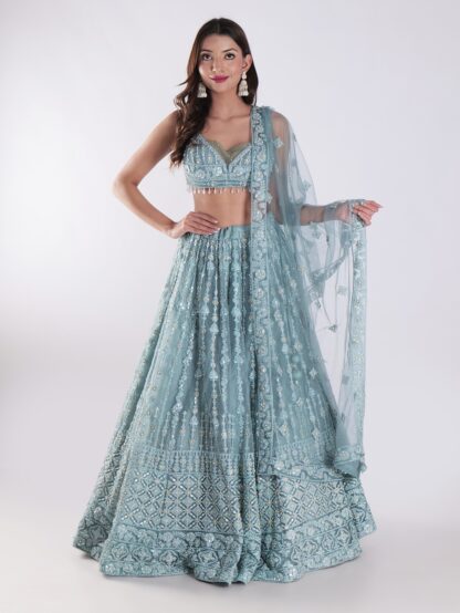 Beautiful Powder Blue Embroidered Party Wear Lehenga Set