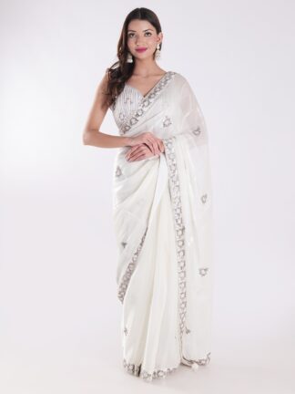 White Party Wear Saree With Silver Embroidery