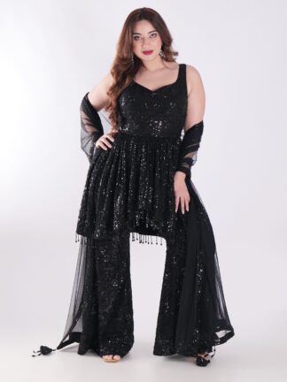 Black Sequined Outfit Peplum Top With Bell Bottom Sharara Suit