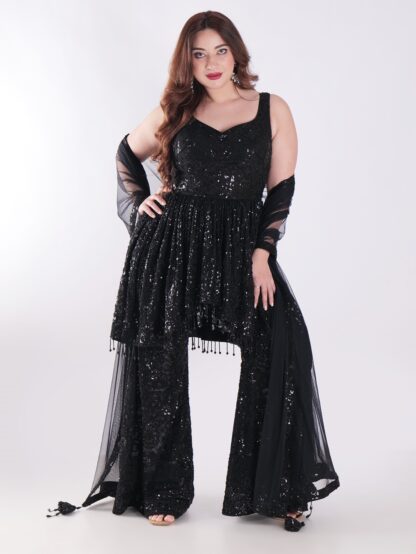 Black Sequined Outfit Peplum Top With Bell Bottom Sharara Suit