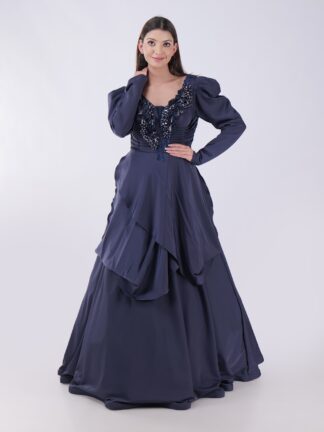 Elegant Navy Blue Gown with Embellished Neckline Luxury For Grand Occasions
