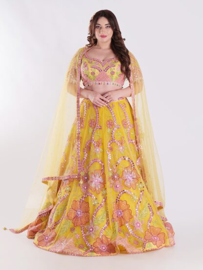 Radiate Sunshine In Style Yellow Floral Embroidered Mirror Work Lehenga Choli Set