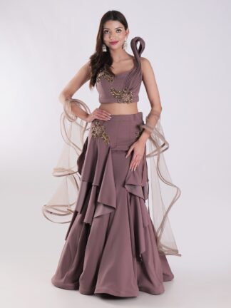 Sleeveless Crop Top With Intricate Gold Embroidery Skirt Cocktail Indowestern Lehenga Set