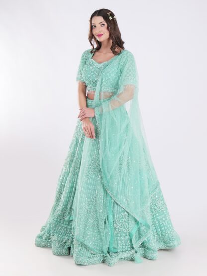 Stunning Mint Green Intricate Embroidery With Silver Sequins And Beads Shimmering Effect Bridal Lehenga Set
