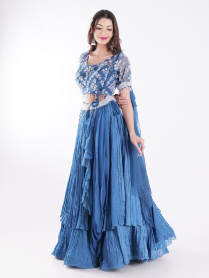 Short Sleeved Crop Top Adorned With Intricate Silver Embroidered Beautiful Blue Outfit Indowestern Lehenga Set