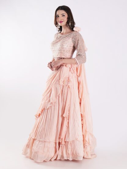 Beautiful Peach Colored Embroidered Crop Top Outfit Ruffle Drape Lehenga Set