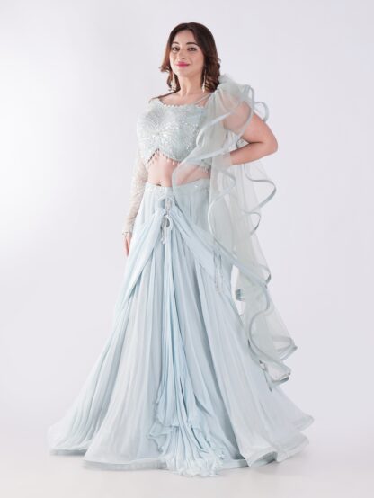 Beautiful Light Blue Flowing With A Delicate Embellished Bodice Indowestern Lehenga Choli Set