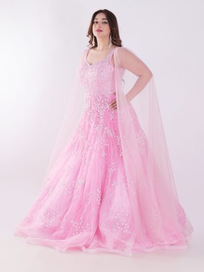 Delicate Floral Pattern And Shimmering Embellishments Pink Color Party Wear Gown