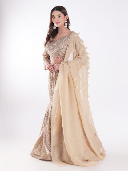 Sparkling Gold And Silver Outfit Covered In Sequins And Beads Cocktail Fish Cut Lehenga Set