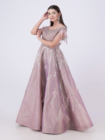 Step Into The Spotlight With This Stunning Elegant Dusty Rose Embellished Off Shoulder Gown