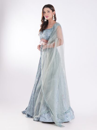 Stunning Blue And Silver Sequined Shimmering Effect Backless Party Wear Lehenga Set