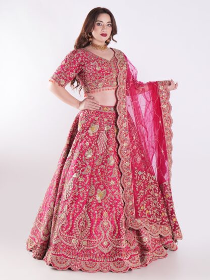Delicate Floral Patterns And Shimmering Sequins With Hand Embroidery Red Bridal Lehenga Set