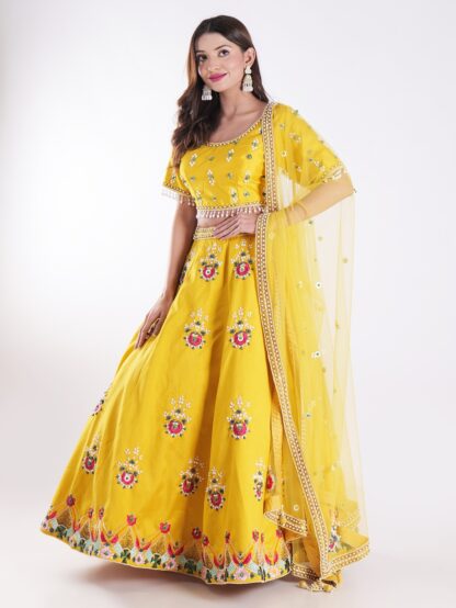 Vibrant Yellow Round Neckline And Short Sleeves Mehandi Designer Lehenga Set