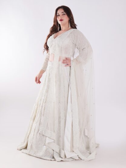 Net Embordered White Intricately Beaded Party Wear Luxury Lehenga Set