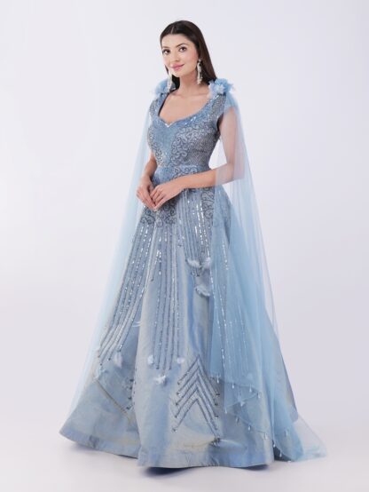 Radiate Royal Elegance In This Stunning Icy Blue Embroidered Gown with Cape Sleeves