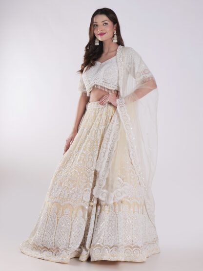 Net Embordered White and Cream Intricately Beaded Party Wear Luxury Lehenga Set