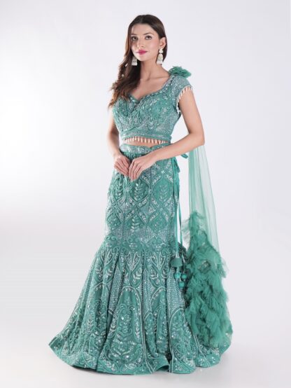 Teal Colored Cocktail Party Wear Fish Cut Style Lehenga Set