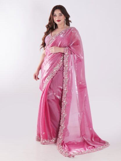 Beautiful Pink Saree With Intricate Silver Embroidery Party Wear Saree