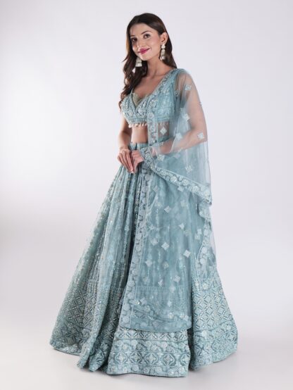 Beautiful Powder Blue Embroidered Party Wear Lehenga Set