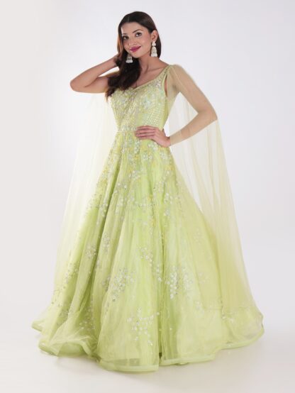 A Beautiful Light Green With Delicate Embroidery And Embellishment Cocktail Party Wear Gown
