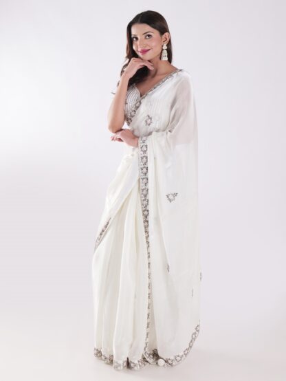 White Party Wear Saree With Silver Embroidery