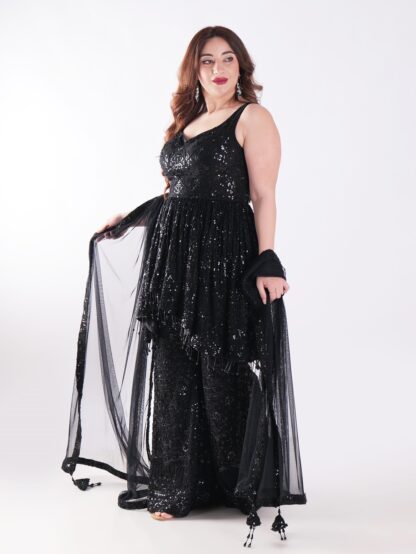 Black Sequined Outfit Peplum Top With Bell Bottom Sharara Suit
