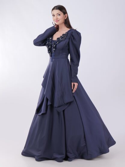 Elegant Navy Blue Gown with Embellished Neckline Luxury For Grand Occasions