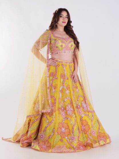 Radiate Sunshine In Style Yellow Floral Embroidered Mirror Work Lehenga Choli Set