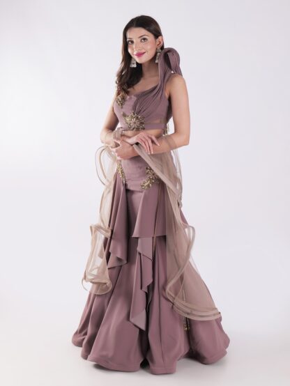 Sleeveless Crop Top With Intricate Gold Embroidery Skirt Cocktail Indowestern Lehenga Set