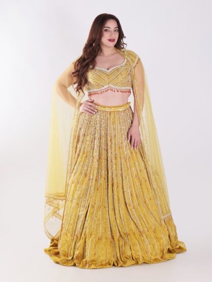Stunning Mustard Yellow Backless Party Wear Lehenga Choli Set