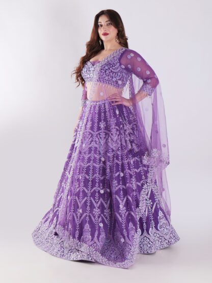 Stunning Lavender Purple Embroidered Net Lehenga Choli Set
